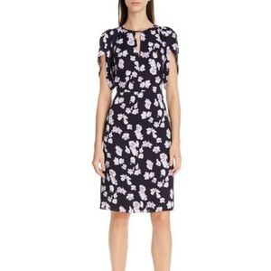 Lewit Navy Night Dorata Lavender Floral Tulip Sleeve Silk Dress